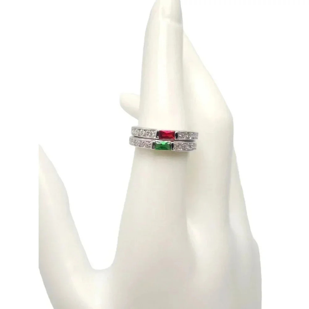 925 Sterling Silver Set of Two Red and Green Stone Band Rings Size 7 Vintage